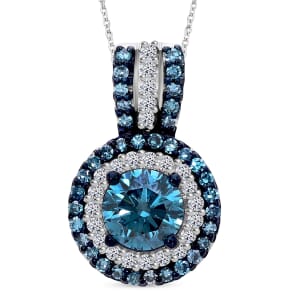 Luxuriant Lab Grown Blue and White Diamond SI 1.00 ctw Midnight Serenade Pendant Necklace in Rhodium Over Sterling Silver 20 Inches