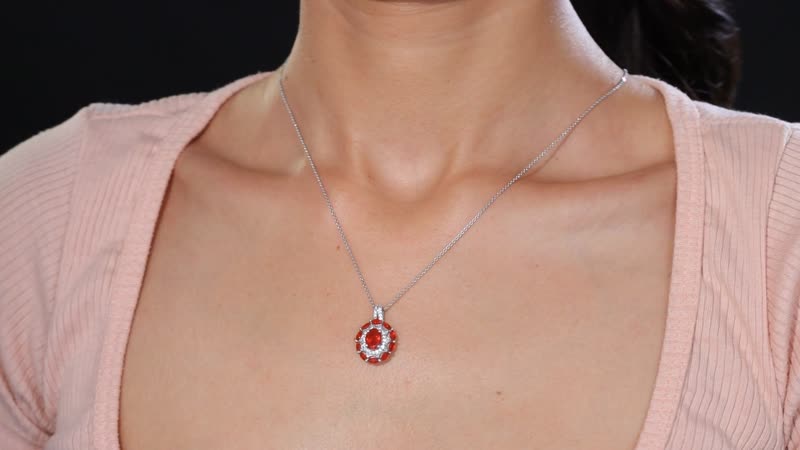 D'Joy Crimson Fire Opal and White Zircon 2.35 ctw Sunflare Halo Pendant Necklace in Rhodium Over Sterling Silver 20 Inches