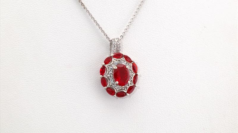 D'Joy Crimson Fire Opal and White Zircon 2.35 ctw Sunflare Halo Pendant Necklace in Rhodium Over Sterling Silver 20 Inches