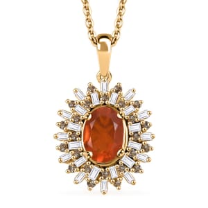 Crimson Fire Opal, Natural Champagne and White Diamond 0.85 ctw Sunkissed Spark Pendant Necklace in 18K Vermeil Yellow Gold Over Sterling Silver 20 Inches
