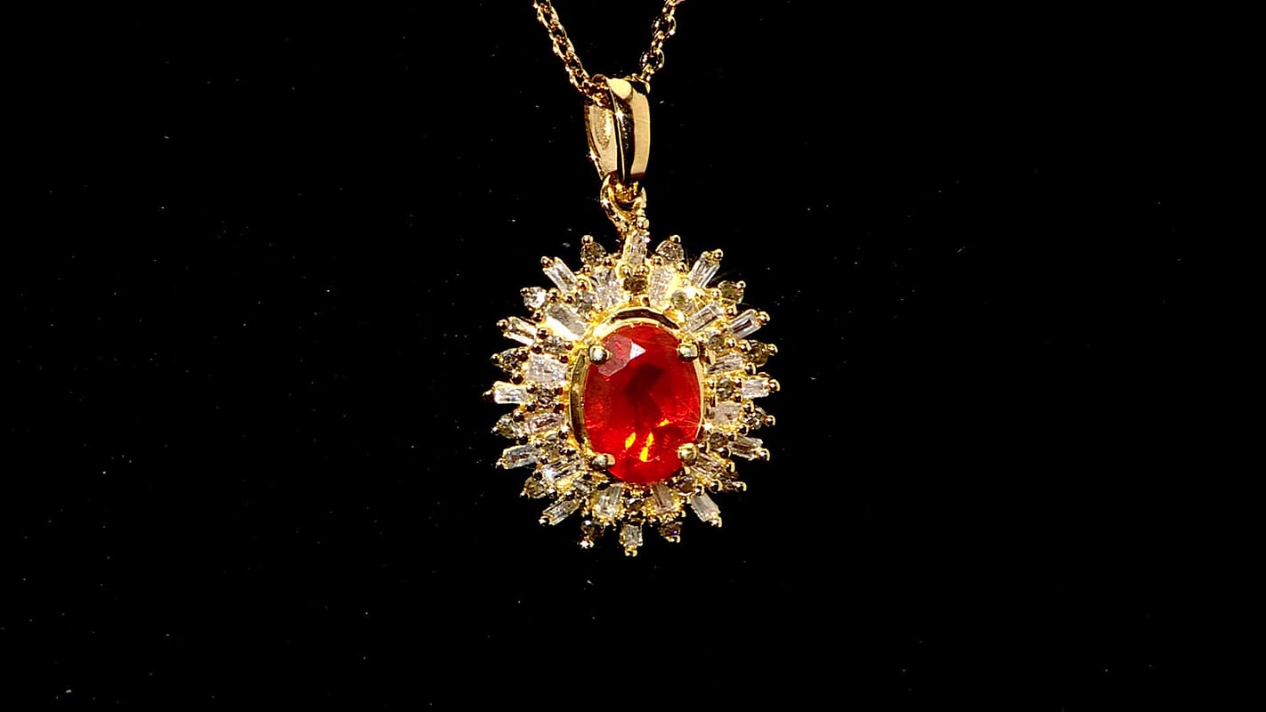 Crimson Fire Opal, Natural Champagne and White Diamond (0.35 cts) Sunkissed Spark Pendant Necklace (20 Inches) in 18K Vermeil YG Over Sterling Silver 0.85 ctw