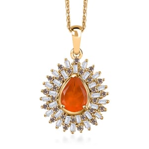Crimson Fire Opal, Natural Champagne and White Diamond 0.85 ctw Sunkissed Spark Pendant Necklace in 18K Vermeil Yellow Gold Over Sterling Silver 20 Inches