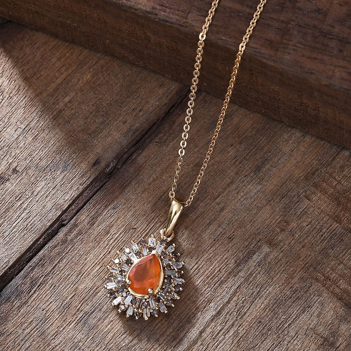 Crimson Fire Opal, Natural Champagne and White Diamond 0.85 ctw Sunkissed Spark Pendant Necklace in 18K Vermeil Yellow Gold Over Sterling Silver 20 Inches image number 1