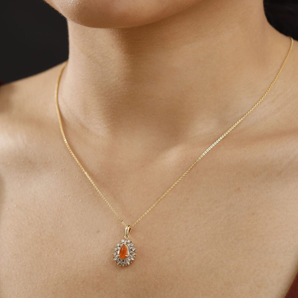 Crimson Fire Opal, Natural Champagne and White Diamond 0.85 ctw Sunkissed Spark Pendant Necklace in 18K Vermeil Yellow Gold Over Sterling Silver 20 Inches image number 2