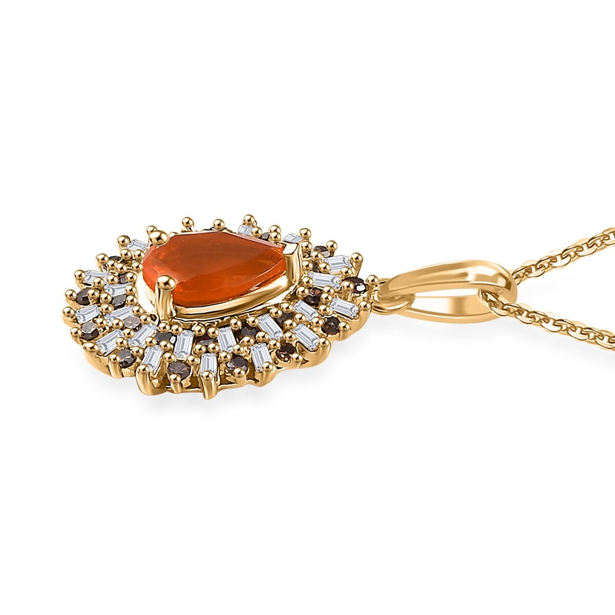 Crimson Fire Opal, Natural Champagne and White Diamond 0.85 ctw Sunkissed Spark Pendant Necklace in 18K Vermeil Yellow Gold Over Sterling Silver 20 Inches image number 3