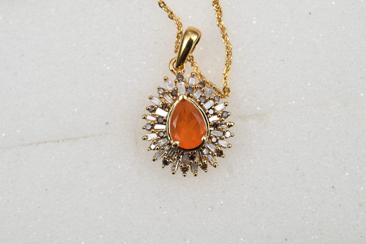 Crimson Fire Opal, Natural Champagne and White Diamond 0.85 ctw Sunkissed Spark Pendant Necklace in 18K Vermeil Yellow Gold Over Sterling Silver 20 Inches image number 7