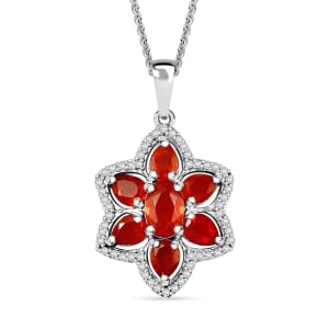 Crimson Fire Opal and White Zircon 1.30 ctw Luminous Dahlia Pendant Necklace in Rhodium Over Sterling Silver 20 Inches