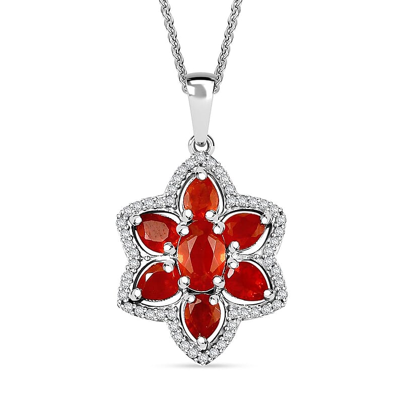 Crimson Fire Opal and White Zircon 1.30 ctw Luminous Dahlia Pendant Necklace in Rhodium Over Sterling Silver 20 Inches