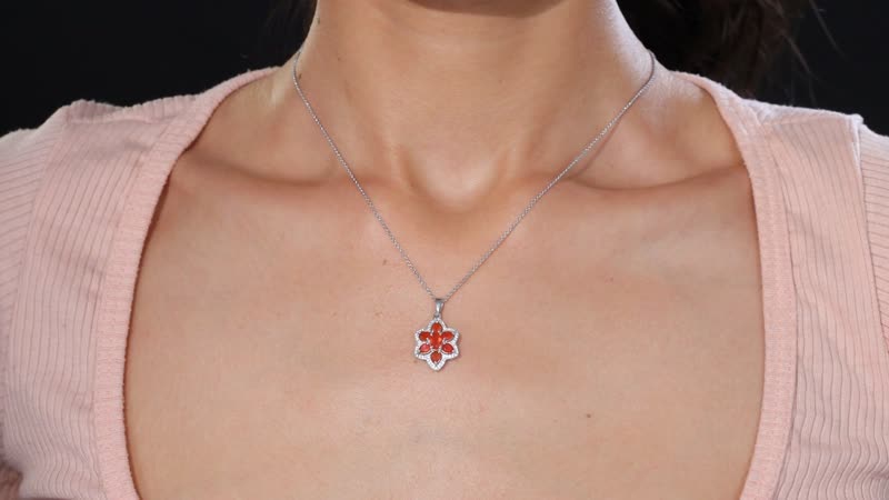 Crimson Fire Opal and White Zircon 1.30 ctw Luminous Dahlia Pendant Necklace in Rhodium Over Sterling Silver 20 Inches