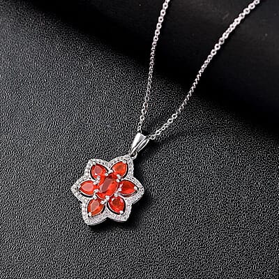 Crimson Fire Opal and White Zircon 1.30 ctw Luminous Dahlia Pendant Necklace in Rhodium Over Sterling Silver 20 Inches
