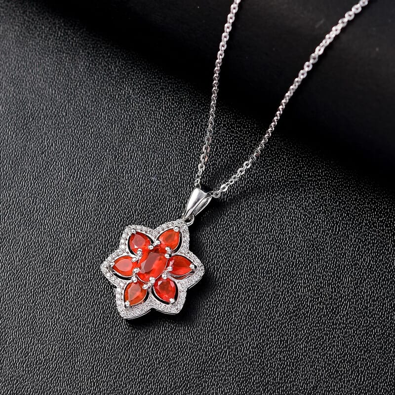Crimson Fire Opal and White Zircon 1.30 ctw Luminous Dahlia Pendant Necklace in Rhodium Over Sterling Silver 20 Inches
