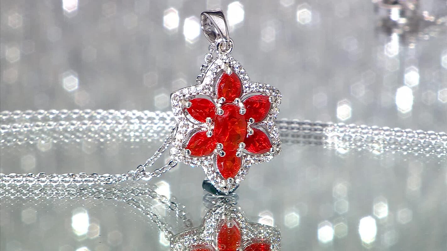 Crimson Fire Opal and White Zircon 1.30 ctw Luminous Dahlia Pendant Necklace in Rhodium Over Sterling Silver 20 Inches