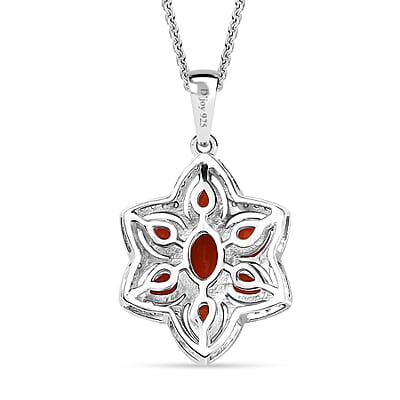 Crimson Fire Opal and White Zircon 1.30 ctw Luminous Dahlia Pendant Necklace in Rhodium Over Sterling Silver 20 Inches