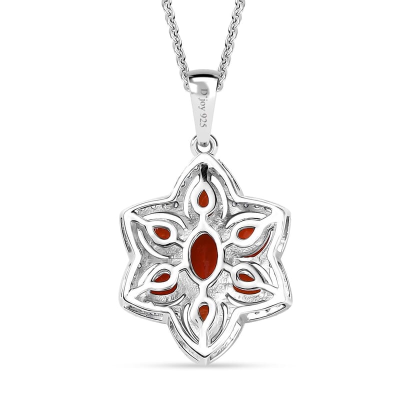 Crimson Fire Opal and White Zircon 1.30 ctw Luminous Dahlia Pendant Necklace in Rhodium Over Sterling Silver 20 Inches