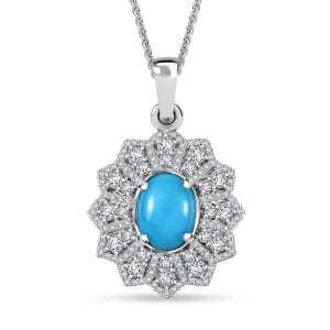 D'Joy Premium Sleeping Beauty Turquoise and Moissantie 2.75 ctw Frosted Blossom Pendant Necklace in Rhodium Over Sterling Silver 20 Inches