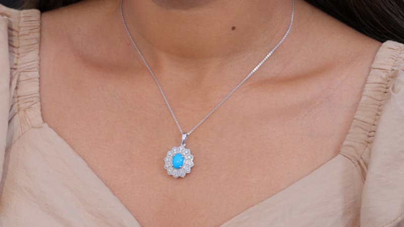 D'Joy Premium Sleeping Beauty Turquoise and Moissantie 2.75 ctw Frosted Blossom Pendant Necklace in Rhodium Over Sterling Silver 20 Inches