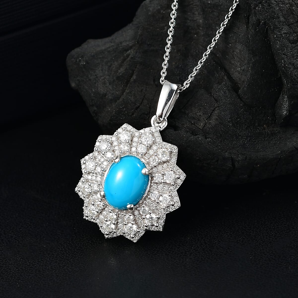 D'Joy Premium Sleeping Beauty Turquoise and Moissantie 2.75 ctw Frosted Blossom Pendant Necklace in Rhodium Over Sterling Silver 20 Inches image number 1