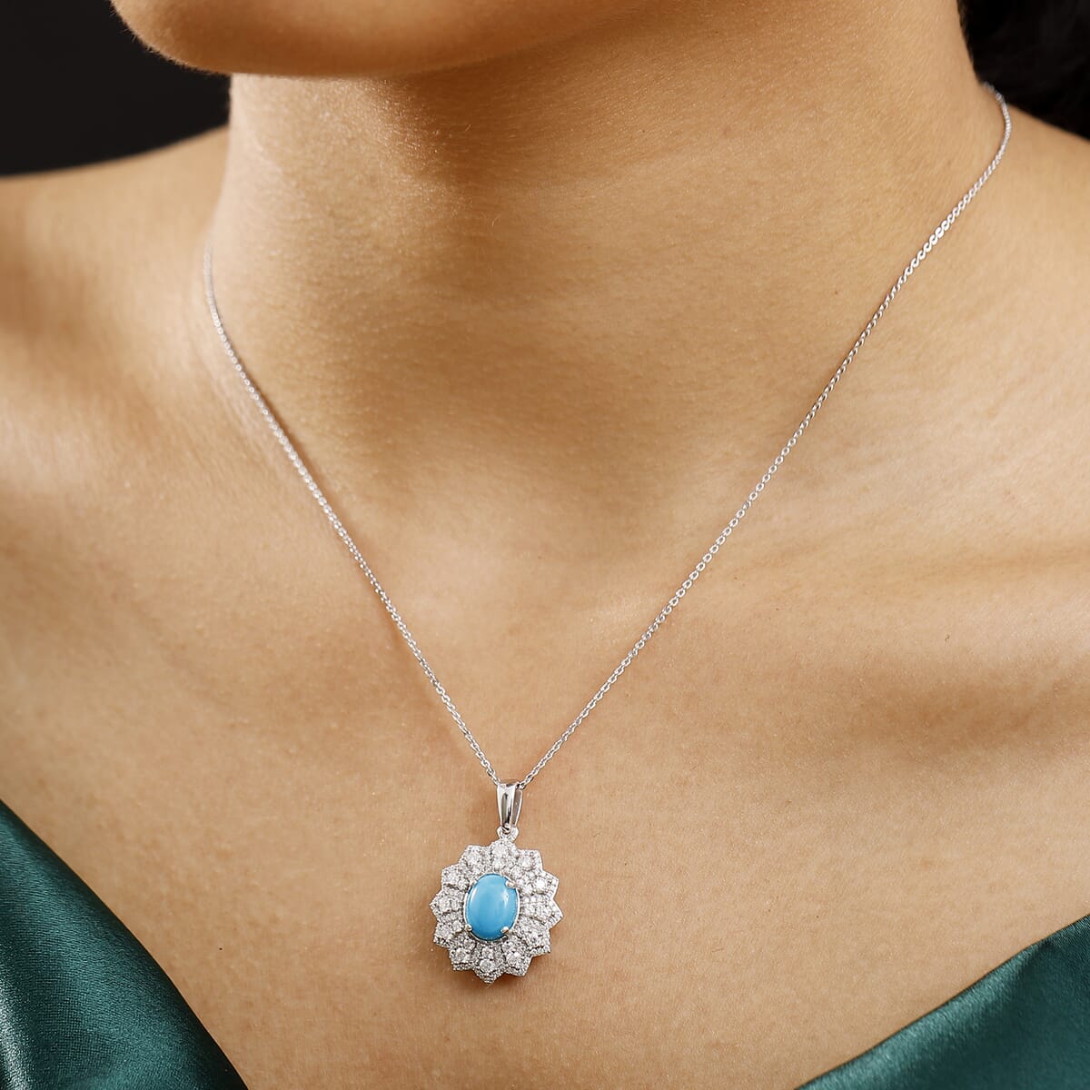 D'Joy Premium Sleeping Beauty Turquoise and Moissantie 2.75 ctw Frosted Blossom Pendant Necklace in Rhodium Over Sterling Silver 20 Inches image number 2