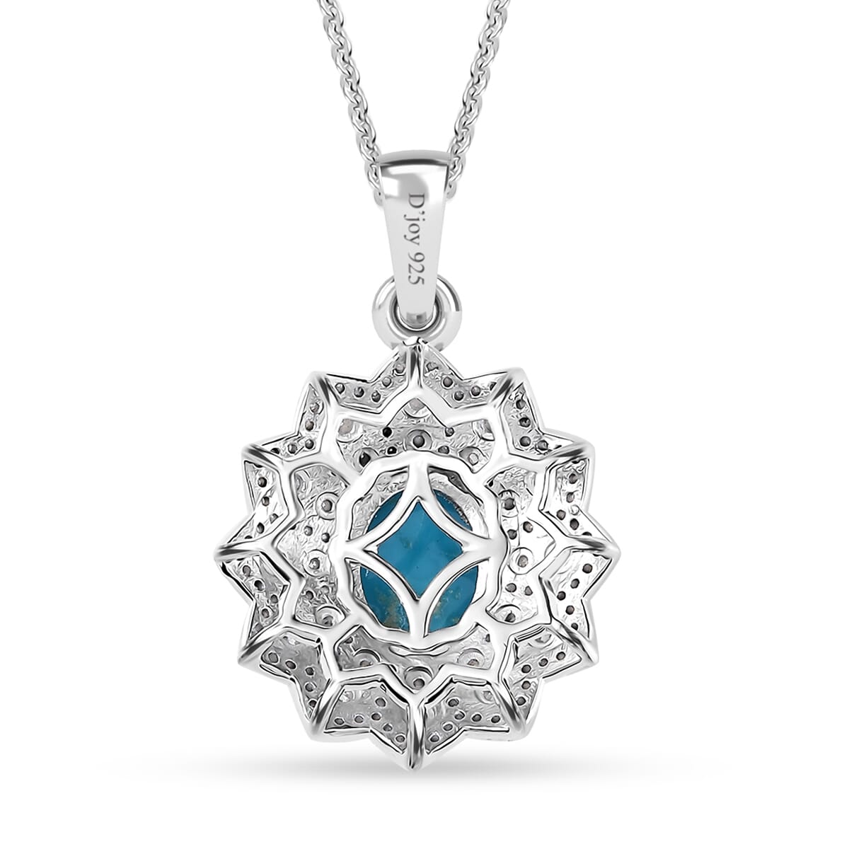 D'Joy Premium Sleeping Beauty Turquoise and Moissantie 2.75 ctw Frosted Blossom Pendant Necklace in Rhodium Over Sterling Silver 20 Inches image number 4
