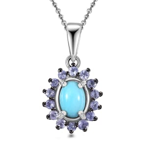 D'Joy Premium Sleeping Beauty Turquoise and Tanzanite 1.00 ctw Ocean Bloom Pendant Necklace in Rhodium Over Sterling Silver 20 Inches