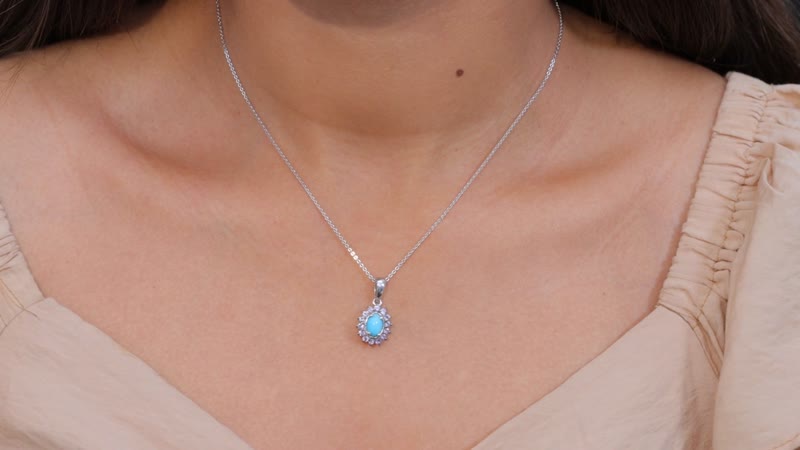 D'Joy Premium Sleeping Beauty Turquoise and Tanzanite 1.00 ctw Ocean Bloom Pendant Necklace in Rhodium Over Sterling Silver 20 Inches
