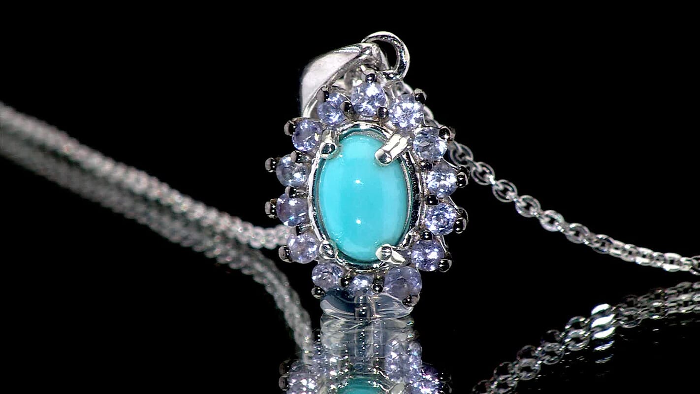 D'Joy Premium Sleeping Beauty Turquoise and Tanzanite 1.00 ctw Ocean Bloom Pendant Necklace in Rhodium Over Sterling Silver 20 Inches
