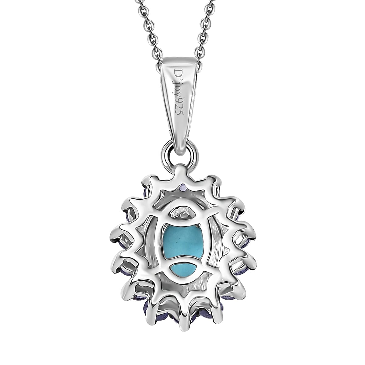 D'Joy Premium Sleeping Beauty Turquoise and Tanzanite 1.00 ctw Ocean Bloom Pendant Necklace in Rhodium Over Sterling Silver 20 Inches