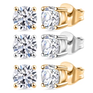 Set of 3 Luxuriant Lab Grown Diamond G-H SI 3.00 ctw Solitaire Stud Earrings in Vermeil YG and Platinum Over Sterling Silver