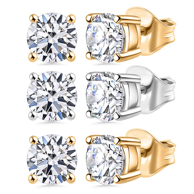 Set of 3 Luxuriant Lab Grown Diamond (G-H, SI) Solitaire Stud Earrings in Vermeil YG and Platinum Over Sterling Silver 3.00 ctw