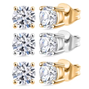 Set of 3 Luxuriant Lab Grown Diamond G-H SI 1.50 ctw Solitaire Stud Earrings in Vermeil YG and Platinum Over Sterling Silver