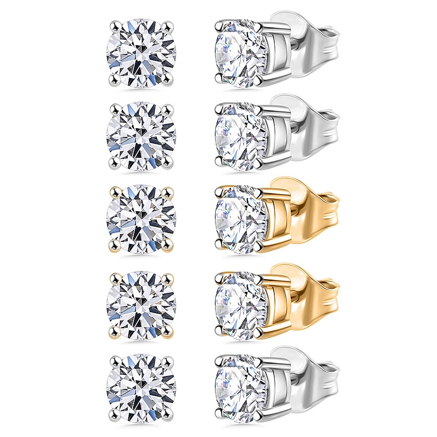 Set of 5 Luxuriant Lab Grown Diamond (G-H, SI) Solitaire Stud Earrings in Vermeil YG and Platinum Over Sterling Silver 3.50 ctw (Del. In 10-12 Days)