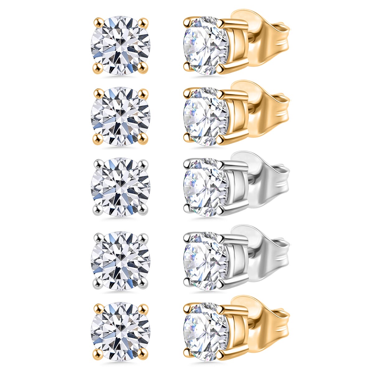 Set of 5 Luxuriant Lab Grown Diamond (G-H, SI) 2.50 ctw Solitaire Stud Earrings in Vermeil YG and Platinum Over Sterling Silver image number 0