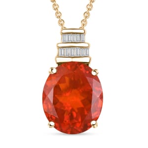 Luxoro Premium Crimson Fire Opal and I2 Diamond 3.35 ctw Dawnfire Pendant Necklace in 10K Yellow Gold 20 Inches