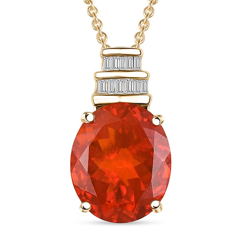 Luxoro Premium Crimson Fire Opal and I2 Diamond 3.35 ctw Dawnfire Pendant Necklace in 10K Yellow Gold 20 Inches