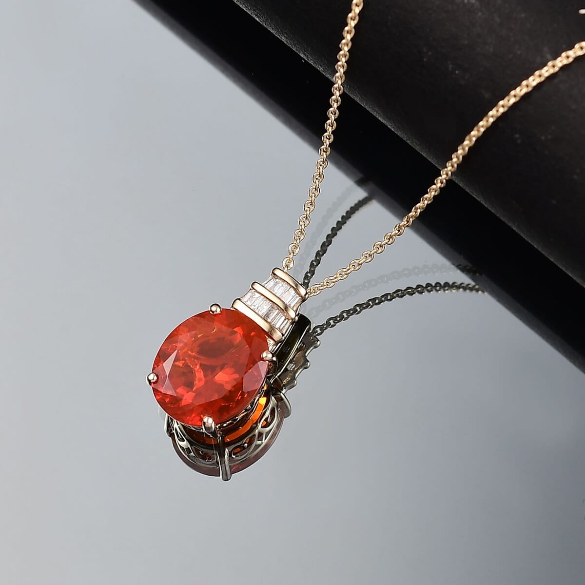 Luxoro Premium Crimson Fire Opal and I2 Diamond 3.35 ctw Dawnfire Pendant Necklace in 10K Yellow Gold 20 Inches image number 1