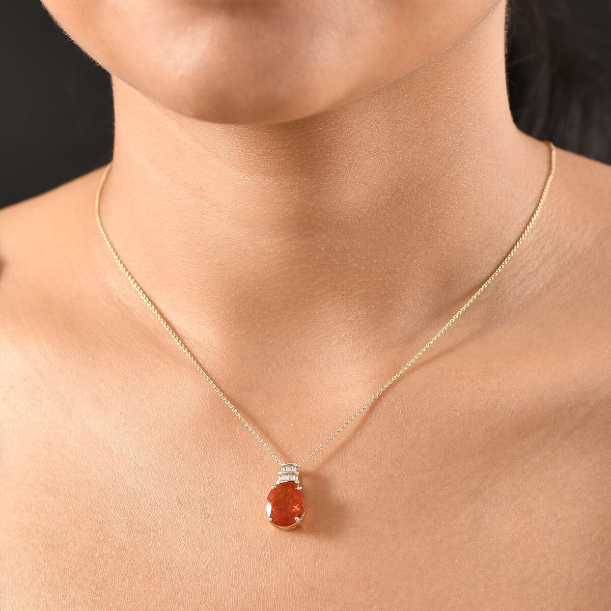 Luxoro Premium Crimson Fire Opal and I2 Diamond 3.35 ctw Dawnfire Pendant Necklace in 10K Yellow Gold 20 Inches image number 2