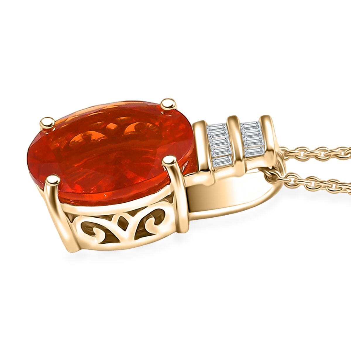 Luxoro Premium Crimson Fire Opal and I2 Diamond 3.35 ctw Dawnfire Pendant Necklace in 10K Yellow Gold 20 Inches image number 3