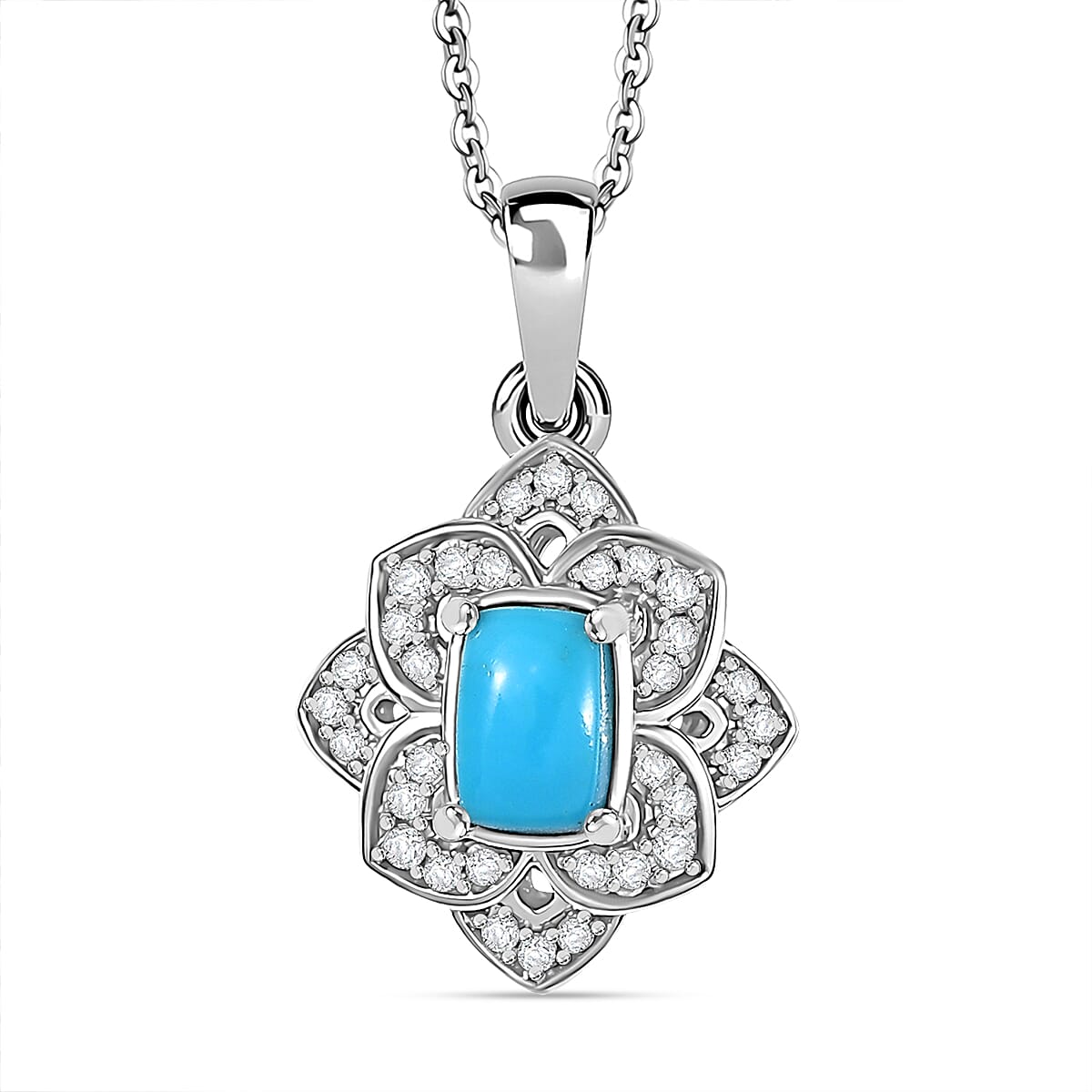 Premium Sleeping Beauty Turquoise and White Zircon 1.65 ctw Lotus Ring (Size 5.0) and Pendant Necklace 20 Inches in Rhodium Over Sterling Silver (Del. in 10-12 Days)