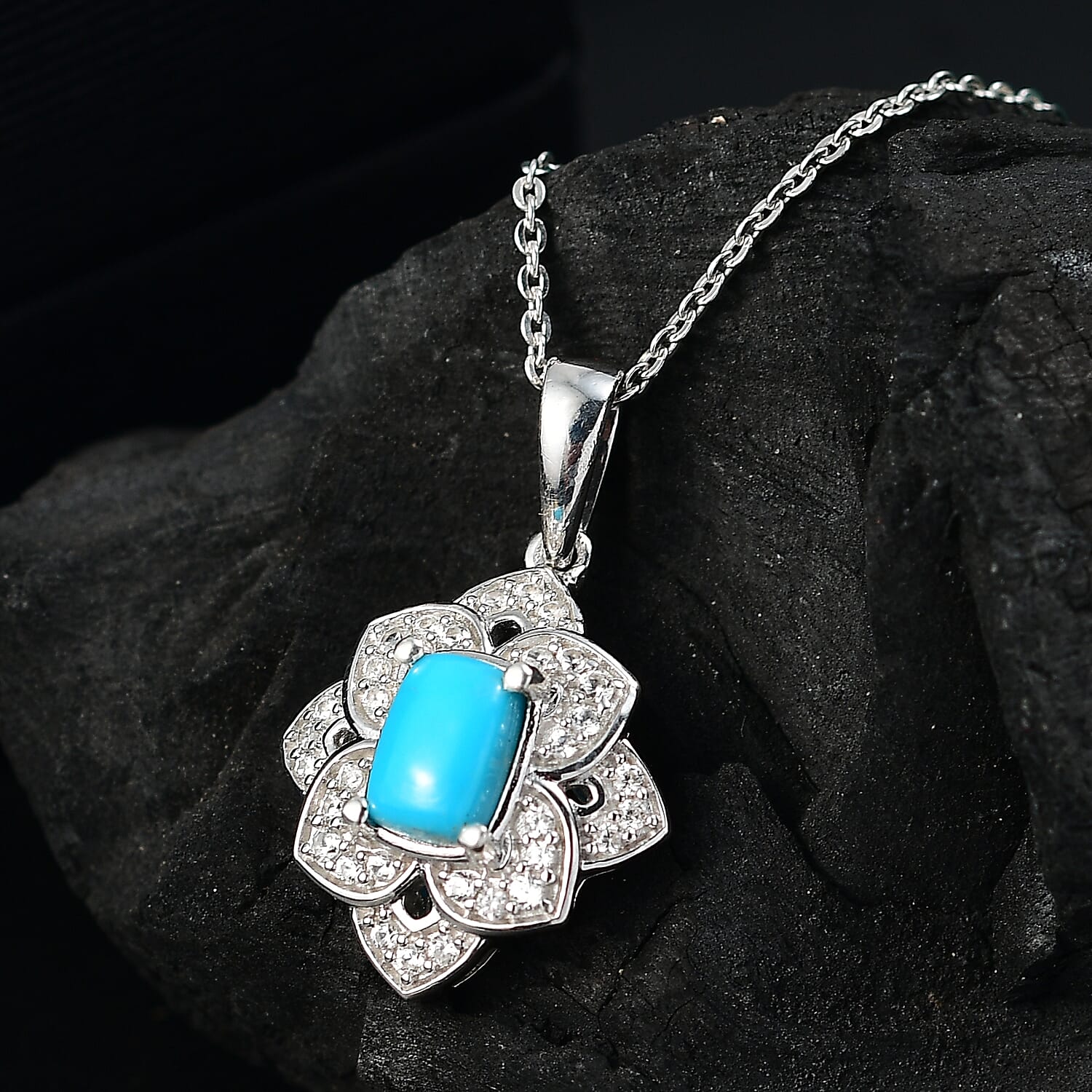Premium Sleeping Beauty Turquoise and White Zircon 1.65 ctw Lotus Ring (Size 5.0) and Pendant Necklace 20 Inches in Rhodium Over Sterling Silver (Del. in 10-12 Days)