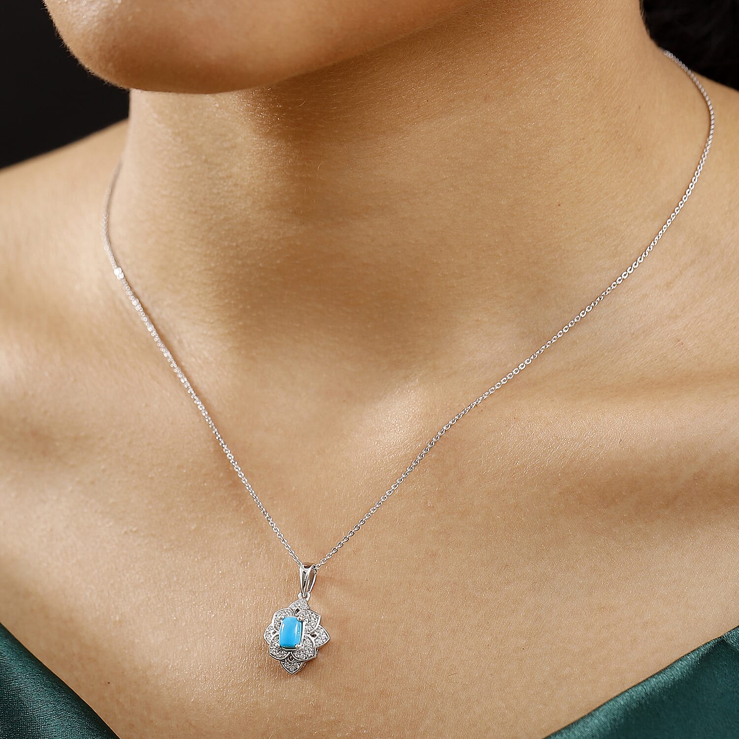 Premium Sleeping Beauty Turquoise and White Zircon 1.65 ctw Lotus Ring (Size 5.0) and Pendant Necklace 20 Inches in Rhodium Over Sterling Silver (Del. in 10-12 Days)