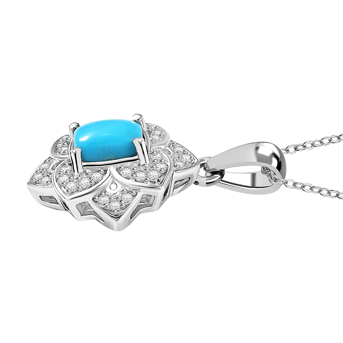Premium Sleeping Beauty Turquoise and White Zircon 1.65 ctw Lotus Ring (Size 5.0) and Pendant Necklace 20 Inches in Rhodium Over Sterling Silver (Del. in 10-12 Days)