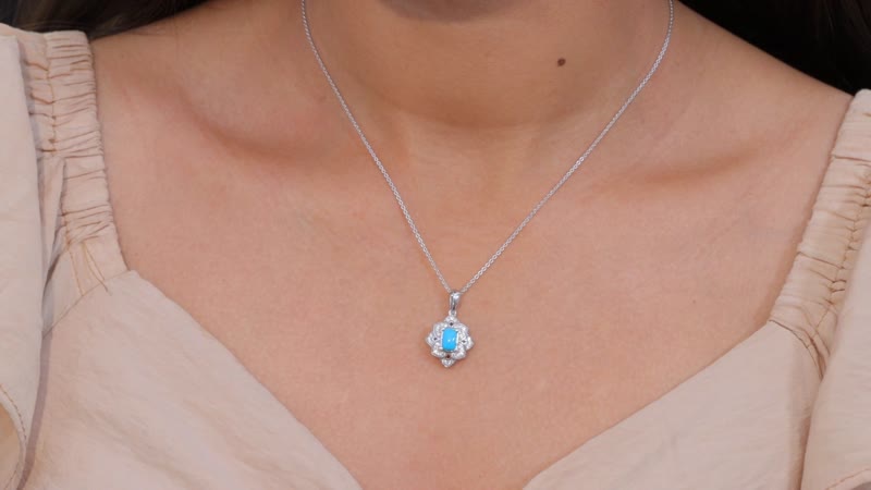 Premium Sleeping Beauty Turquoise, White Zircon Ring (Size 7.0) and Pendant Necklace (20 Inches) in Rhodium Over Sterling Silver 1.65 ctw