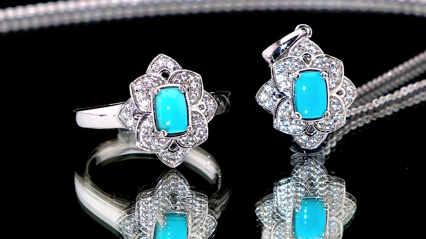 Premium Sleeping Beauty Turquoise, White Zircon Ring (Size 7.0) and Pendant Necklace (20 Inches) in Rhodium Over Sterling Silver 1.65 ctw