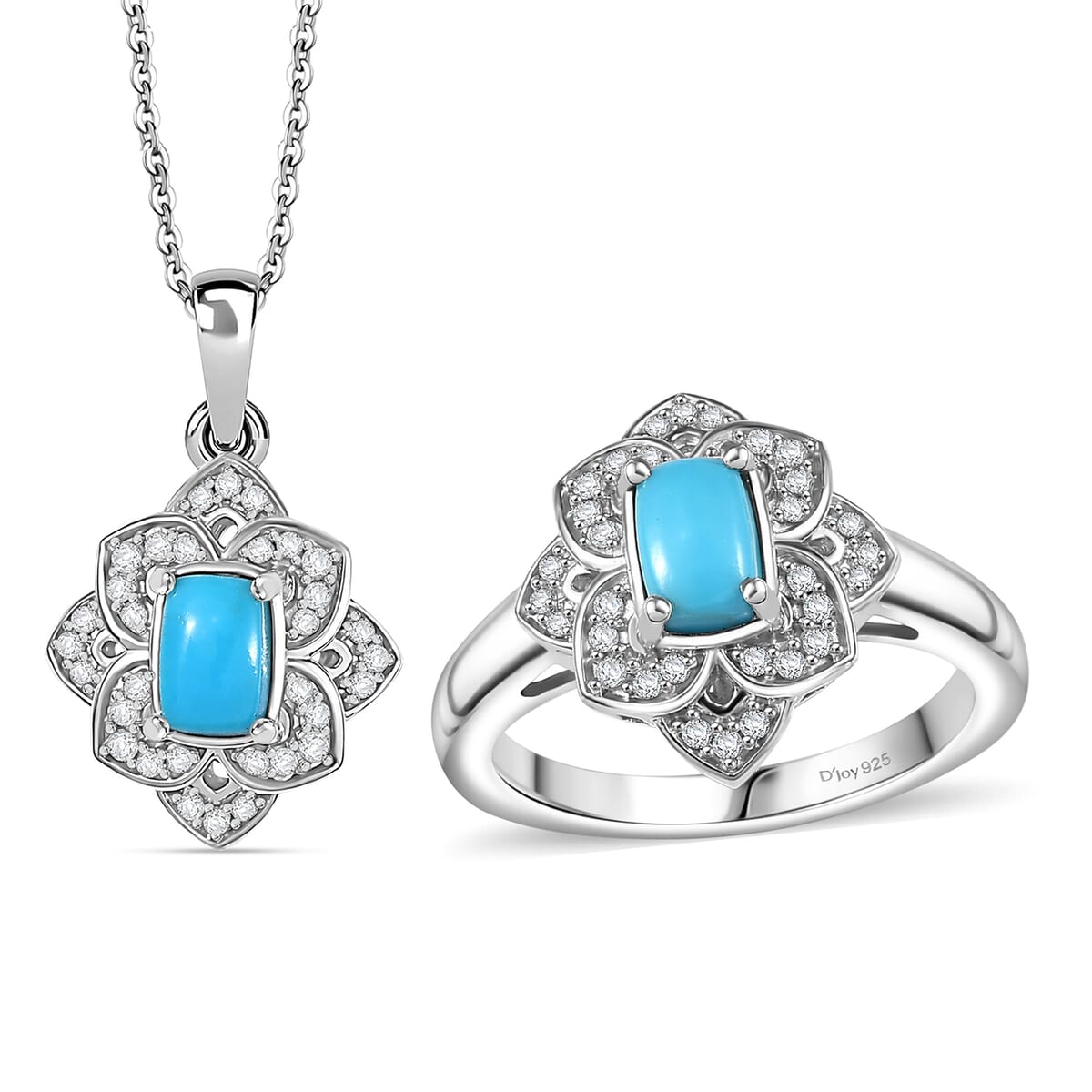 Premium Sleeping Beauty Turquoise and White Zircon 1.65 ctw Lotus Ring (Size 10.0) and Pendant Necklace 20 Inches in Rhodium Over Sterling Silver image number 0