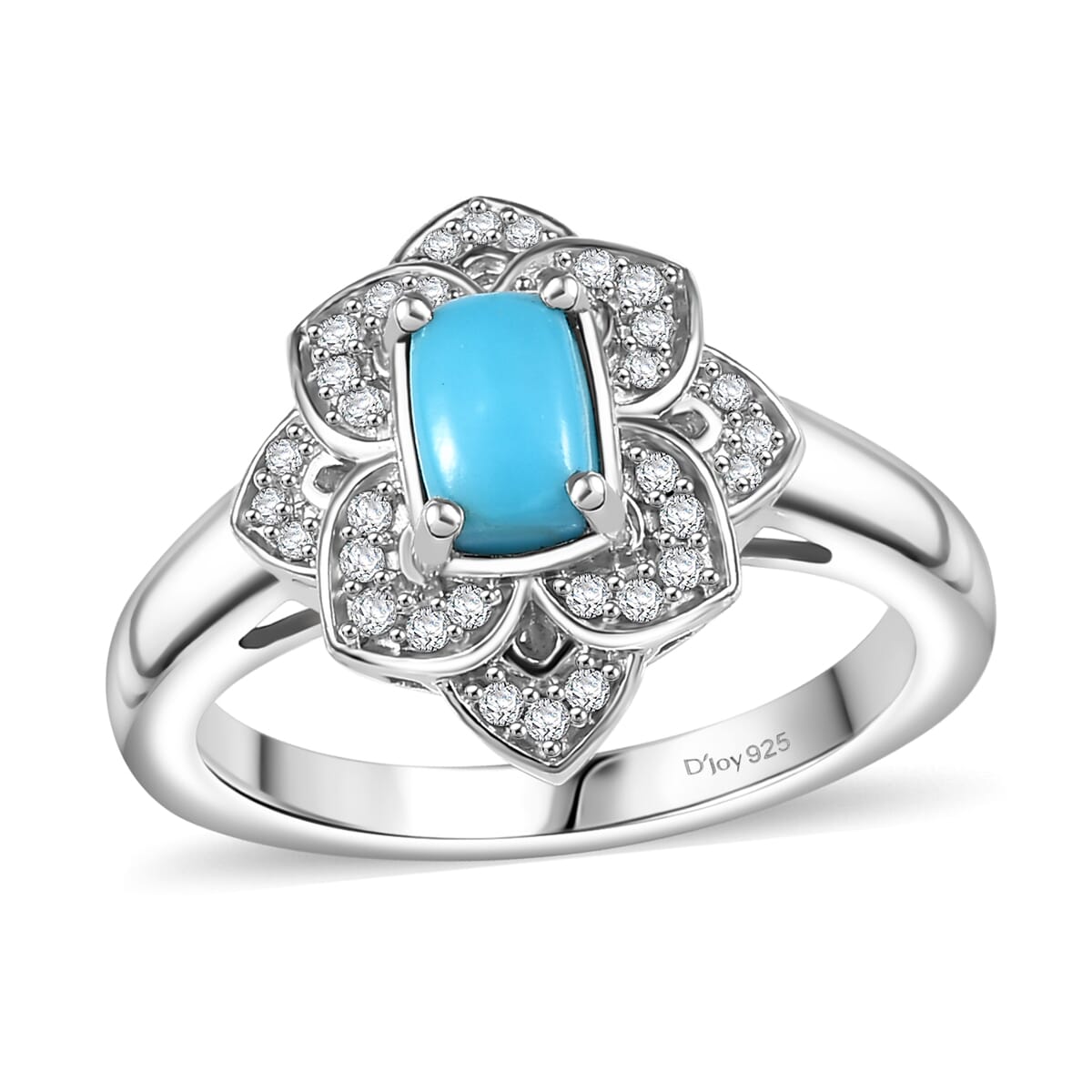 Premium Sleeping Beauty Turquoise and White Zircon 1.65 ctw Lotus Ring (Size 10.0) and Pendant Necklace 20 Inches in Rhodium Over Sterling Silver image number 1