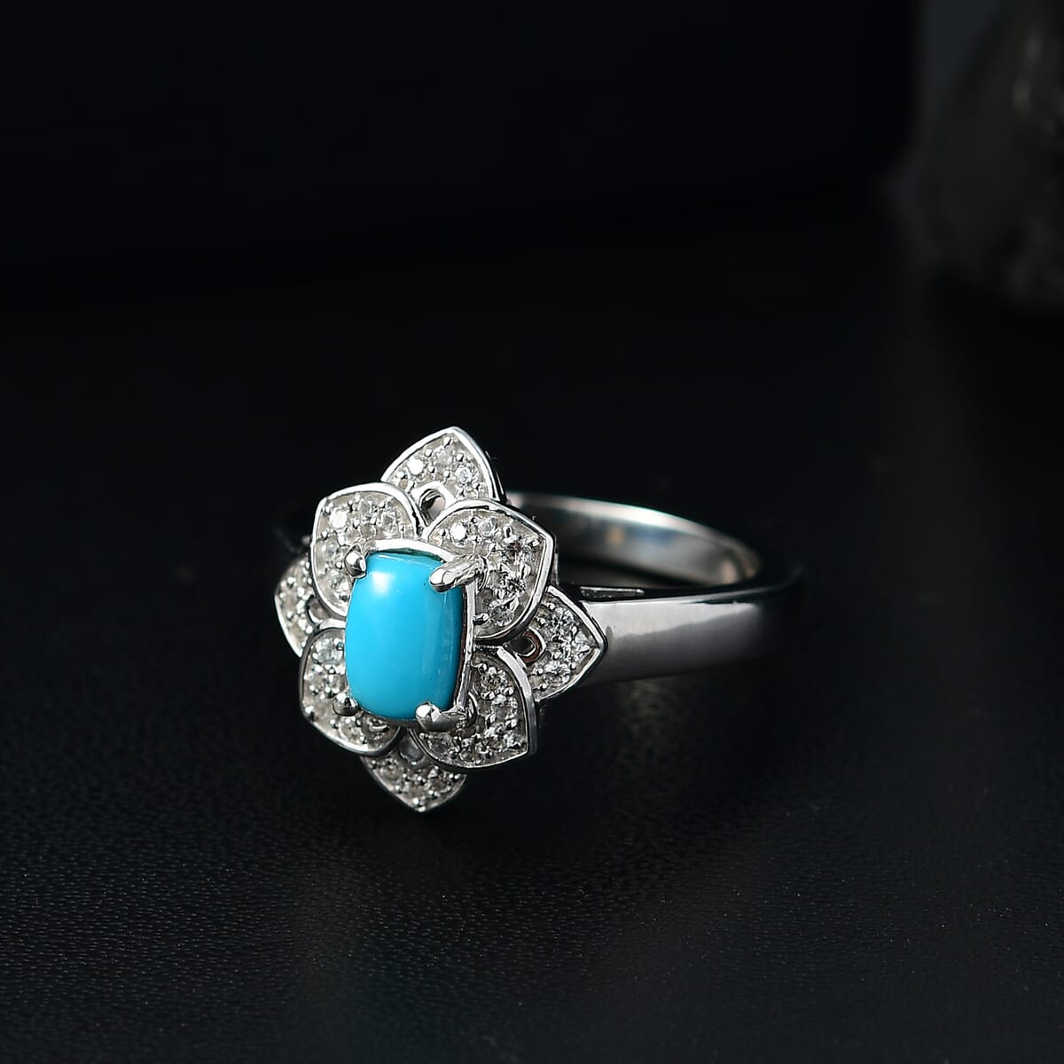 Premium Sleeping Beauty Turquoise and White Zircon 1.65 ctw Lotus Ring (Size 10.0) and Pendant Necklace 20 Inches in Rhodium Over Sterling Silver image number 2