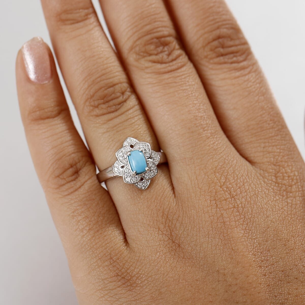 Premium Sleeping Beauty Turquoise and White Zircon 1.65 ctw Lotus Ring (Size 10.0) and Pendant Necklace 20 Inches in Rhodium Over Sterling Silver image number 3