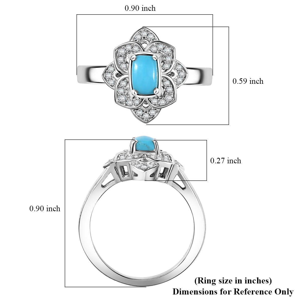 Premium Sleeping Beauty Turquoise and White Zircon 1.65 ctw Lotus Ring (Size 10.0) and Pendant Necklace 20 Inches in Rhodium Over Sterling Silver image number 4