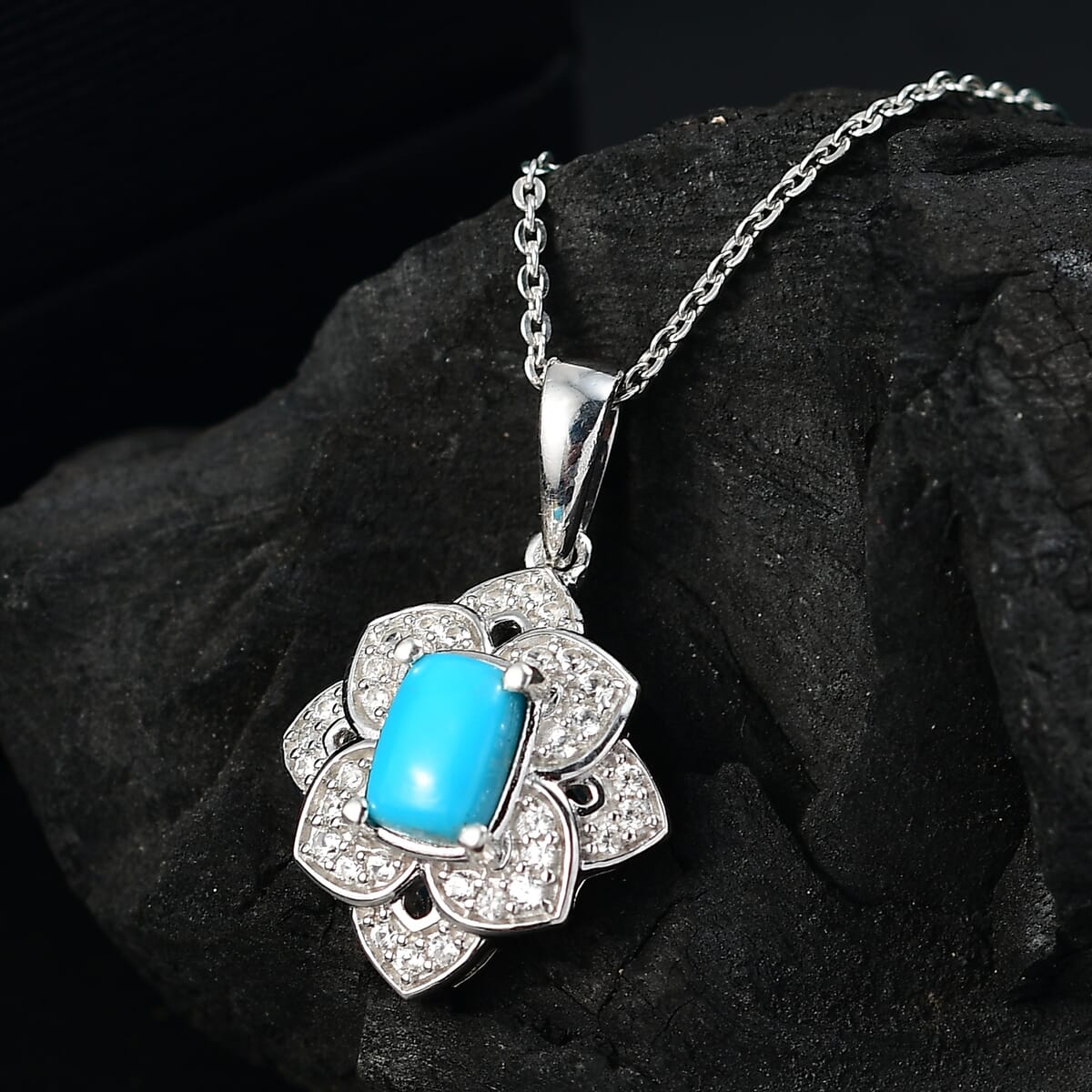 Premium Sleeping Beauty Turquoise and White Zircon 1.65 ctw Lotus Ring (Size 10.0) and Pendant Necklace 20 Inches in Rhodium Over Sterling Silver image number 6