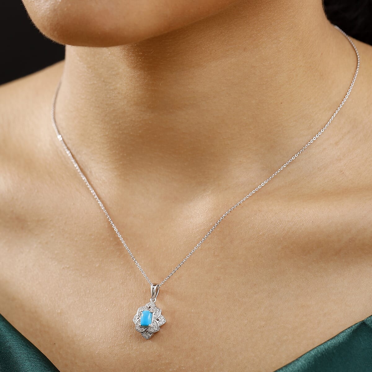 Premium Sleeping Beauty Turquoise and White Zircon 1.65 ctw Lotus Ring (Size 10.0) and Pendant Necklace 20 Inches in Rhodium Over Sterling Silver image number 7